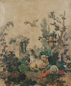 Dog And Game Birds Before Trees; A Dog Andsheep Before Trees by Jean-Baptiste Huet