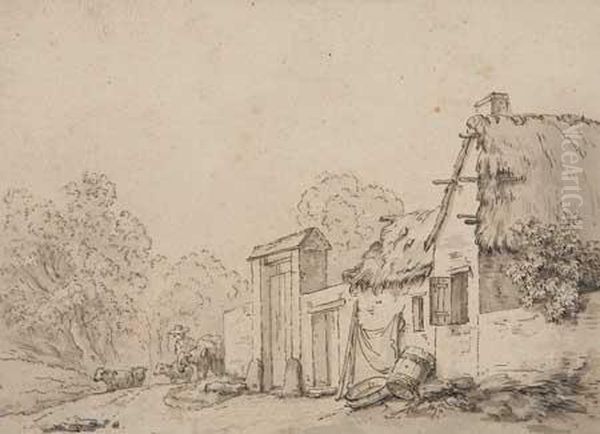 Farm Scene, Shepherd With A Flock Of Sheep - view 1