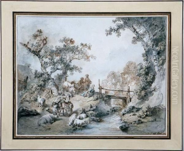 Bergers Et Troupeaux Se Reposant Pres D'un Ruisseau - view 1