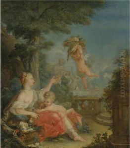 A Shepherdess In A Landscape With A Putto Holding A Basket Of Flowers