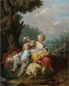 A Young Shepherd And Shepherdess Seated In A Pastoral Landscape by Jean-Baptiste Huet