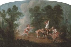 A Wooded River Landscape With
Women Bathing; And A Wooded Landscape With Children Playing Leap-frog by Jean-Baptiste Huet