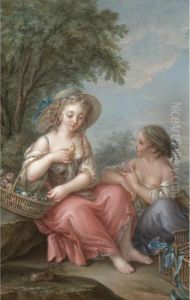 Two Young Girls Sitting In A Landscape With A Pet Canary