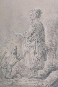 Young Girl Playing With A Dog by Jean-Baptiste Huet