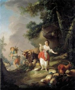 Les Oeufs Casses: A Shepherdess 
Startled By A Drover And His Cattle In A Pastoral Landscape
