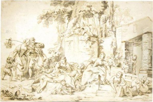 Grape-harvest With Young Men
Women And Children Resting While Two Putti Play
On A Grape-filled Barrel In The Background - view 1