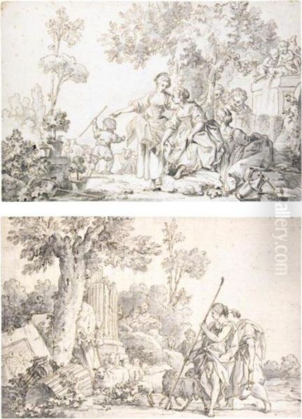A Pair Of Pastoral Scenes: One
With Ladies By A Fountain, With A Shepherd Boy And His Flock; The Other
With Shepherds Looking At Classical Ruins - view 1