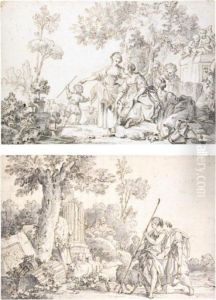 A Pair Of Pastoral Scenes: One
With Ladies By A Fountain, With A Shepherd Boy And His Flock; The Other
With Shepherds Looking At Classical Ruins by Jean-Baptiste Huet