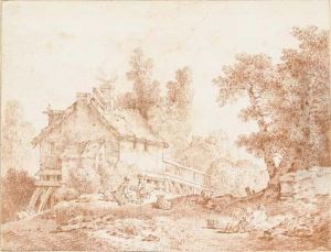 Un Paysage Avec Un Couple De Jeunes Bergers Devant Une Ferme