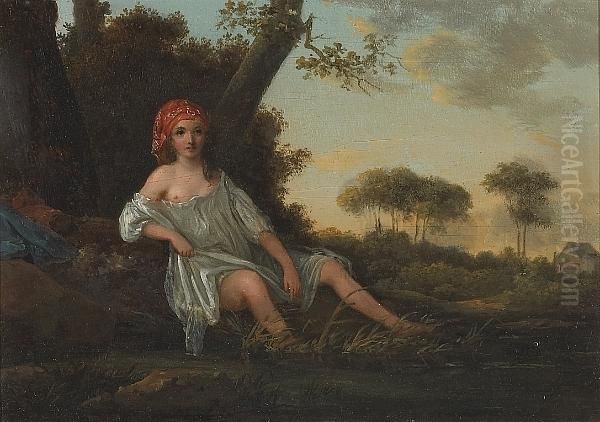 A Girl Resting By A Pond With A Farmhouse Beyond - view 1