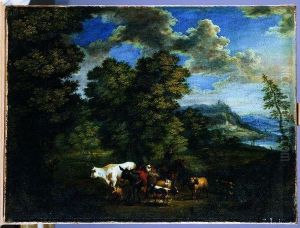 An Extensive Wooded River Landscape With A Driver And His Herd Inthe Foreground
