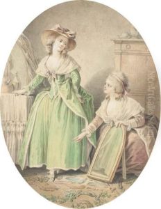 A Girl Looking At Her Shoes In A Mirror Held By A Kneelingmaid