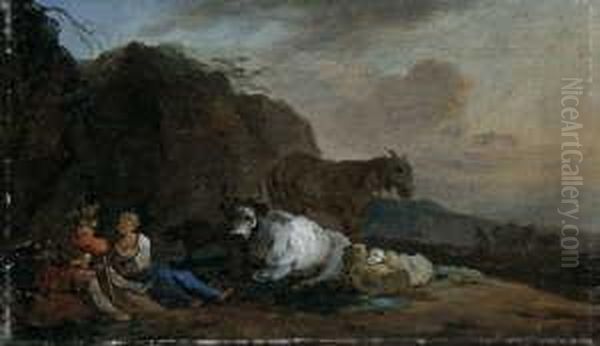 Zugeschrieben Hirtenpaar Mit
Kuhen Und Schafen In Der Landschaft. Ol Auf Leinwand . H 21,5; B 36,8 Cm - view 1