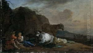 Zugeschrieben Hirtenpaar Mit 
Kuhen Und Schafen In Der Landschaft. Ol Auf Leinwand . H 21,5; B 36,8 Cm