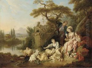 A Pastoral River Landscape With A Shepherd And Shepherdesses