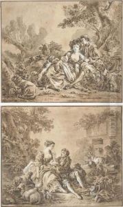 A Pair Of Shepherds Resting By A Tree; And A Pair Of Shepherdsresting By A Fountain by Jean-Baptiste Huet