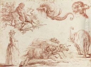 Sketches Of Animals And A Woman by Jean-Baptiste Huet
