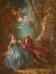 A Courting Couple In A Garden; A Companion by Jean-Baptiste Huet