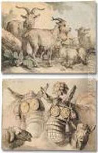 Six Sheets With Studies Of 
Various Animals, Including Sheep, Cows, Goats, Deer, Bears, Foxes And 
Mules by Jean-Baptiste Huet