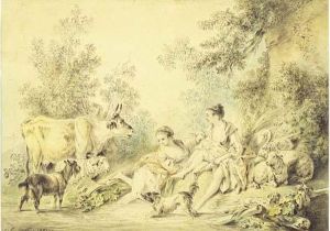 Jeunes Bergeres Se Rafraichissant Au Point D'eau Avec Leur Troupeau.