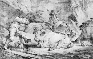Berger Dans Une Etable Avec Un Boeuf, Un Ane, Un Mouton Et Un
 Chat by Jean-Baptiste Huet