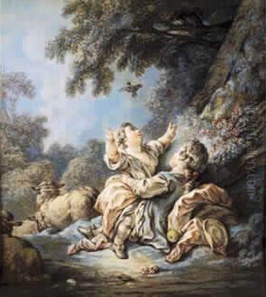 couple De Jeunes Bergers Lachant Un Oiseau - view 1
