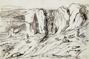 Berger Et Son Troupeau Dans Un Paysage Rocheux by Paul Huet
