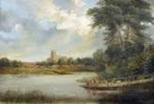 Flusslandschaft Mit Boot Und Figurenstaffage Vor Kirche.