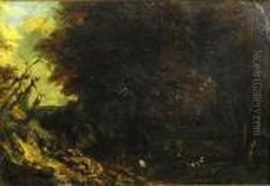 A Rocky Landscape With Figures by Paul Huet