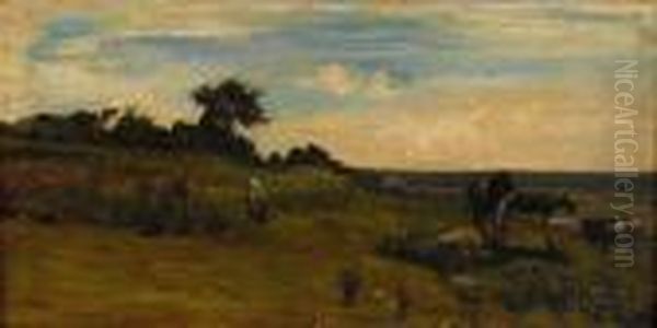 Paysage Aux Chevaux Et Vache - view 1