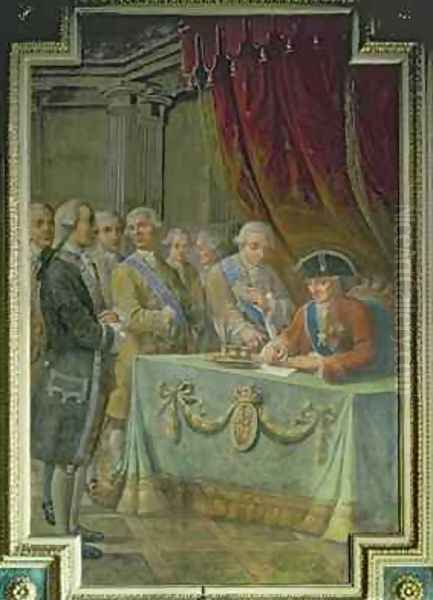 Charles III 1716-88 signs the decree authorising trade with Asia and the Philipines 18th century - view 1
