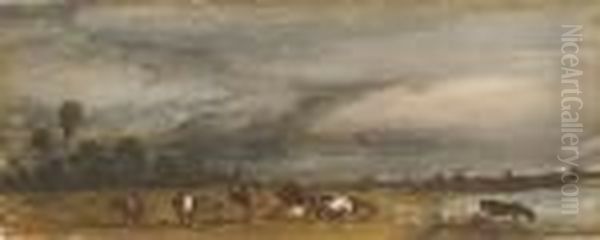 Un Paysage Avec Des Vaches Et Un Cheval Pres D'un Lac - view 1