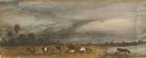 Un Paysage Avec Des Vaches Et Un Cheval Pres D'un Lac by Paul Huet