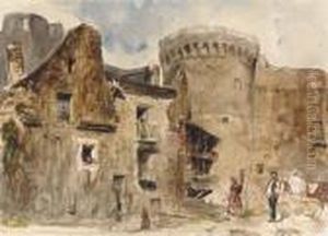 Une Tour Medievale Et Des Habitations A Vitre, Des Personnages Au Premier Plan