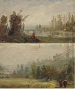 Vue De Fontenay-aux-roses; Et Un
Paysage Avec Un Pont Enjambant Une Riviere Et Des Figures Au Premier
Plan by Paul Huet