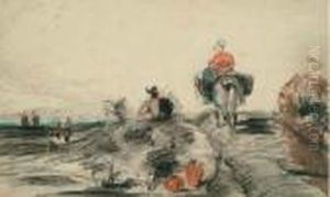 Le Retour Du Marche, Esquisse Normande, Circa 1825 by Paul Huet