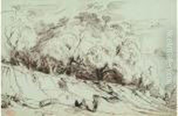 Les Oliviers De La Colline Du Mont Alban Avec Personnages, Nice 1838 - view 1