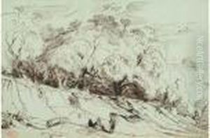 Les Oliviers De La Colline Du Mont Alban Avec Personnages, Nice 1838 by Paul Huet