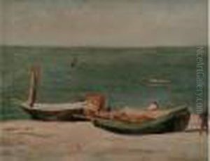 Deux Barques Et Pecheurs Sur La Plage, Etretat by Paul Huet