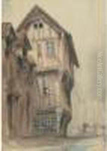 Vielle Maison A Rouen Et Passants Sous La Pluie by Paul Huet