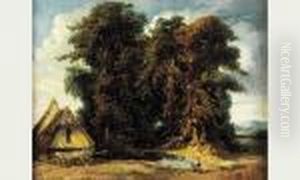 Paysage A La Chaumiere Et A La Charrette by Paul Huet