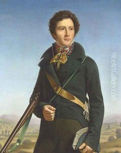 Portrait of a gentleman, identified as Jean-Andre Prosper Henri Le Page, three-quarter-length, in a green jacket and carrying a rifle, in a landscape by Francois Henri Mulard