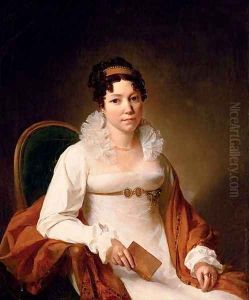 Portrait of a lady, seated three-quarter-length, in a white silk dress and embroidered shawl, holding a book