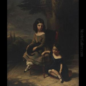 Children With A Cat Seated In A Landscape by William Huggins