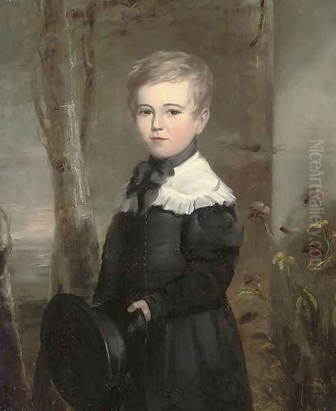 Portrait of a young boy, three-quarter-length, in school uniform, holding a black hat in his left hand, in a landscape - view 1