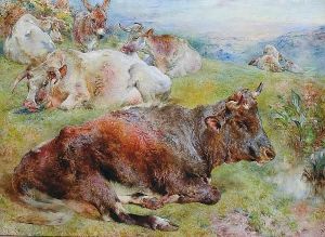 Cows And Donkey In A Landscape by William Huggins