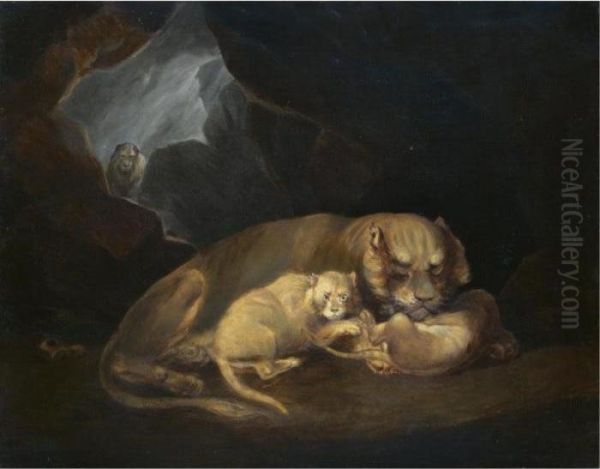 A Lioness In A Cave With Her Cubs - view 1