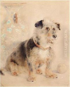 Terrier Seated Before A Canton Famille Rose Vase by William Huggins