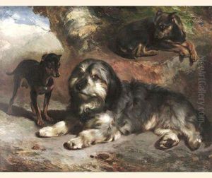 Faithful Friends, A Border Collie And Two Terriers In Alandscape by William Huggins