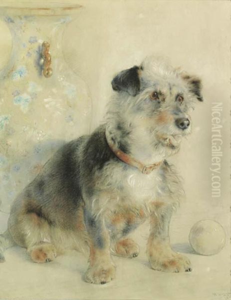 Study Of A Terrier, Sitting Before A Cantonese Famille Rosevase - view 1